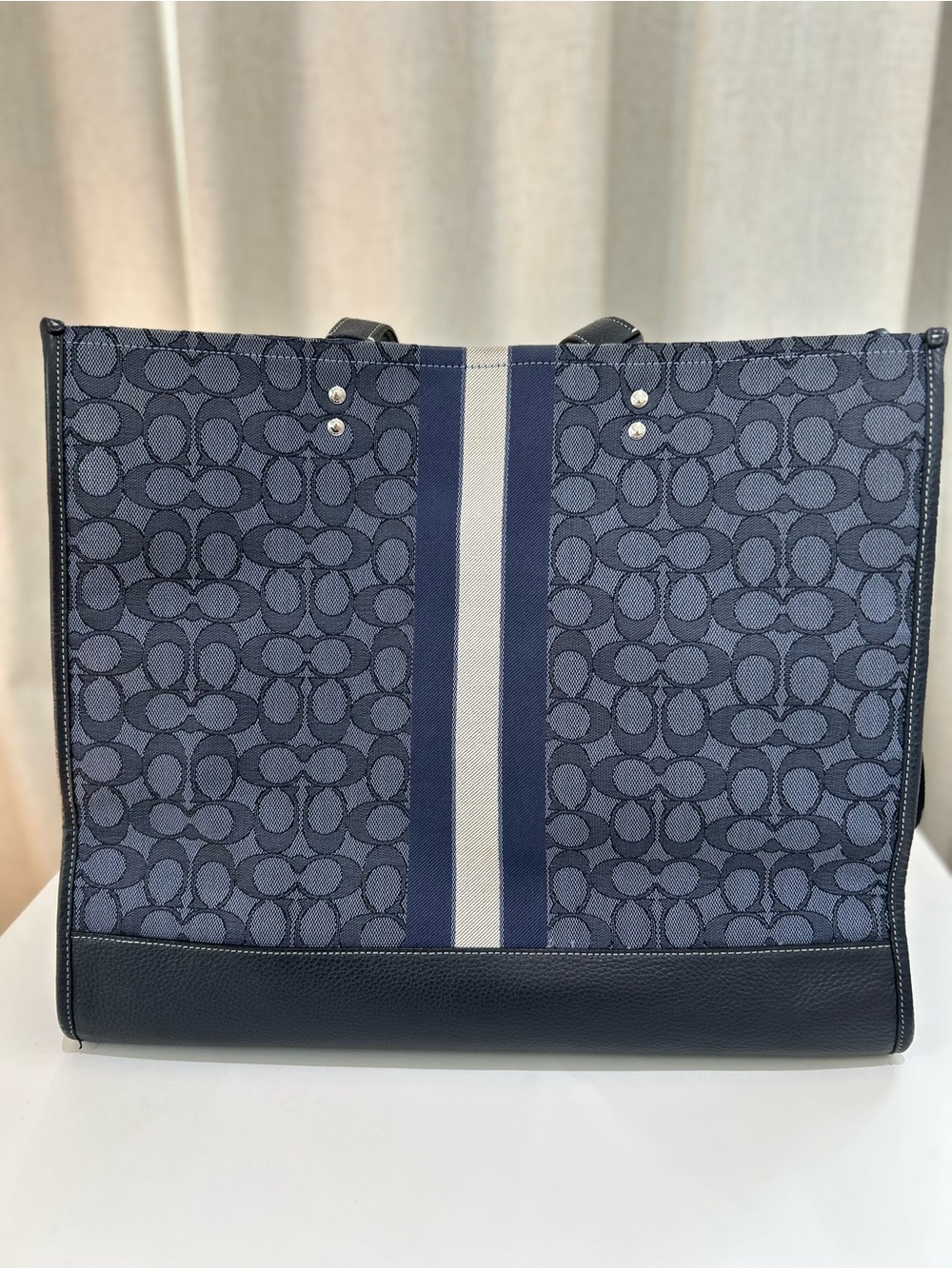 Coach Navy and Gray Signature Canvas Tote with Center Stripe - Picture 4 of 14
